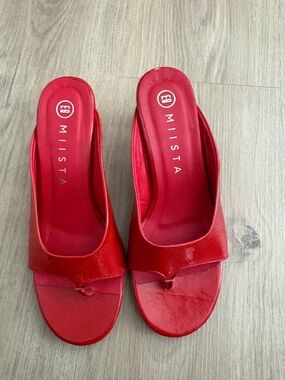 Miista Red Patent Leather Toe-Loop Slide Heels